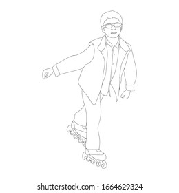 A young boy is rollerblading. Stylized image of a teenager. Vector illustration. Line art. Drawn by hand.Everyday life. Playing sports