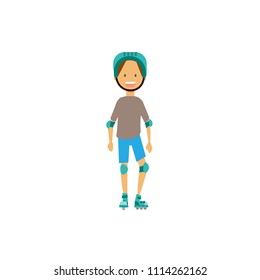 young boy rolling helmet elbow knee pads on white background. full length cartoon character. flat style