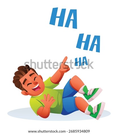 Young boy is rolling on the floor with laughter, pointing, and holding his stomach. Humorous and joyful moment. Vector cartoon illustration