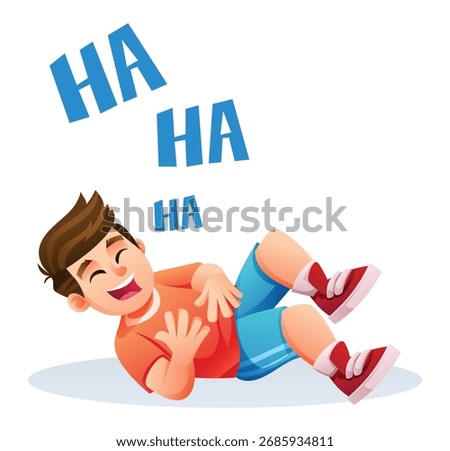 Young boy is rolling on the floor with uncontrollable laughter, holding his stomach. Humorous and joyful moment. Vector cartoon illustration