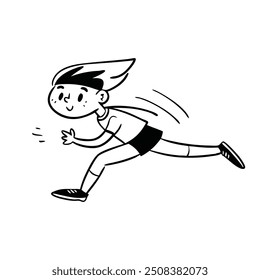 Young boy run Hand drawn doodle Line art flat vector illustration.