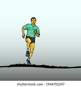 A young boy running in the field. Hand drawn vector illustration.
