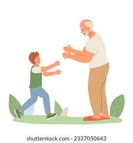 Young boy running to granddaddy, meet together. Happy family meet outside. Grandfather with grandchild. Holidays with grandparents. Flat vector illustration in cartoon style