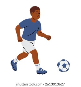 Young boy running and playing soccer with ball on white background