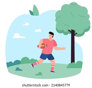 Young boy running through field with rugby ball. Kid cartoon character playing ball game flat vector illustration. Sports, outdoor activity concept for banner, website design or landing web page
