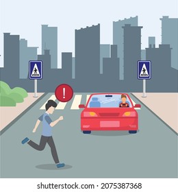 Young boy running when across street. Cross only use at designated crosswalks. Pedestrian crossing street. Road safety rule. vector colorful illustration.