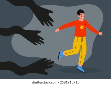 Young boy runs away from shadowy hands in a stylized illustration depicting fear and escape in a surreal environment