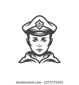 Young boy sailor seaman mariner marine crew costume navy uniform vintage black icon vector illustration. Male teen child sea adventure captain in hat portrait sailing journey person monochrome logo