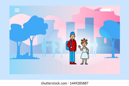 young boy with satchel and small girl with headphones ahead of people in evening park in urban landscape