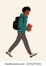 Young boy, school, college, university student walking side view with backpack, holding book. Knowledge and education concept. Flat colorful vector illustration isolated on white background