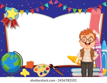 Young boy with school supplies and decorations.