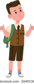 A young boy in school uniform gives a thumbs up, drawn in a cartoon style. The student wears a backpack and smiles confidently. Cartoon vector illustration.