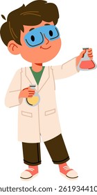 A young boy scientist holds beakers in a lab coat.  This cheerful image is perfect for educational projects, children's books, and websites. Cartoon Vector Illustration.