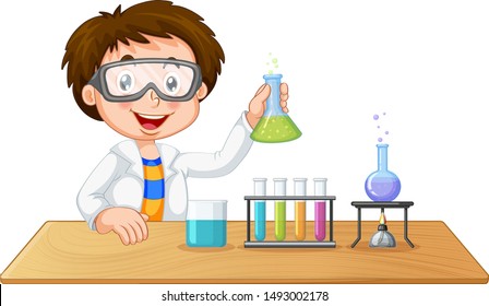 Young boy scientist in the lab isolated illustration