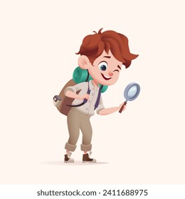 Young boy scout with backpack exploring the world. Modern cartoon 3D style vector illustration.