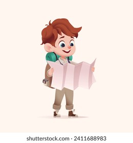 Young boy scout with backpack holdilding road map. Modern cartoon 3D style vector illustration.