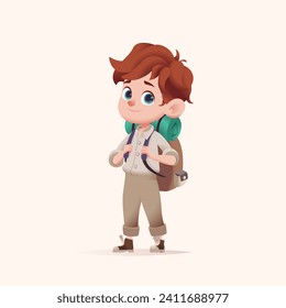 Junge Junge scout mit Rucksack stehen. Moderne Cartoon 3D-Stil Vektorgrafik.