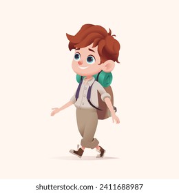 Young boy scout with backpack walking. Modern cartoon 3D style vector illustration.