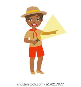 Young boy scout holding a flashlight, a colorful character