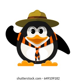 Young boy scout on white background. Little penguin scout with  hat and with a tie on a white background. Vector illustration