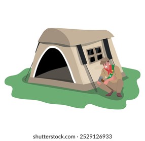 young boy scout setting up a tent, camping concept. vector illustration.