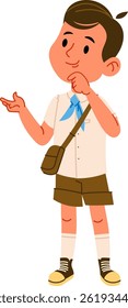 A young boy in a scout uniform is depicted in a cartoon style with a thoughtful expression. He stands with a bag and presents an idea with his hand. Cartoon vector illustration