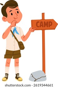 A young boy scout, in uniform with a satchel, thoughtfully points at a wooden camp sign.  A cheerful youth shows the path to summer adventure using a directional marker. Cartoon vector illustration