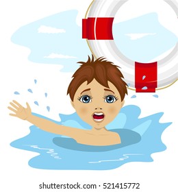 young boy screaming in water while somebody throws ring buoy lifebuoy