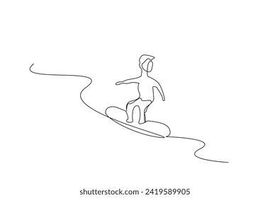 young boy sea surfing activity sport one line art design vector