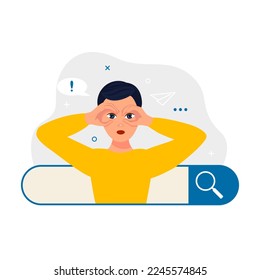 Joven en la barra de búsqueda buscando información. Concepto de búsqueda, búsqueda, servicio de información, SEO, soporte al cliente, encontrar la respuesta. Carácter de ilustración vectorial plano.