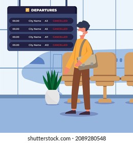 Young Boy See At Schedule Board With Information About Canceled Flights In International Airport. Man Disappointed With Flight Cancellation. Masked Transit. Colorful Flat Vector Illustration