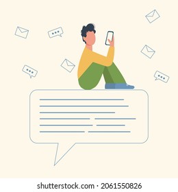 Young boy sending messages via smartphone sitting on text bubble or cloud. Online chat communication template. Typing sms on mobile phone flat vector illustration. Chatting online.