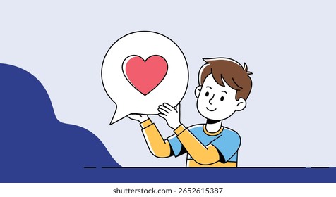 A young boy shares his love and positive feelings through an illustrated speech bubble containing a vibrant heart symbol