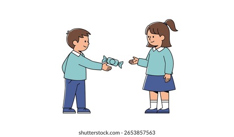 Jovem compartilhando um doce embrulhado com uma menina representando a bondade e a amizade entre as crianças em um fundo branco