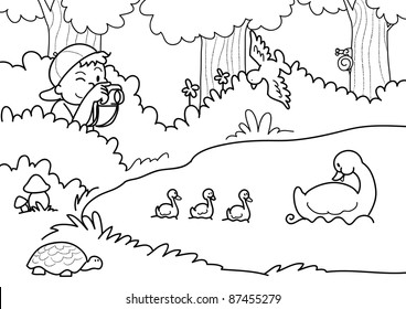Young boy shooting a photo at a duck group. Vector coloring illustration.