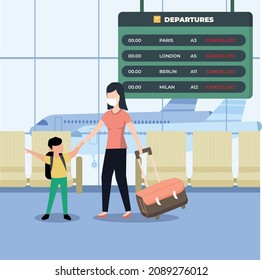 Young boy show his mother about canceled flights in international airport. women disappointed with flight cancellation. Masked transit. Colorful flat vector illustration