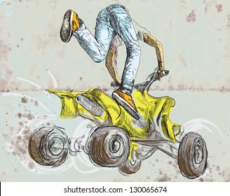 Young boy showing off freestyle trick with his ATV. /// A hand drawn illustration converted into vector. Vector description: No more than 16 colors in each layer - editable in 6 layers.