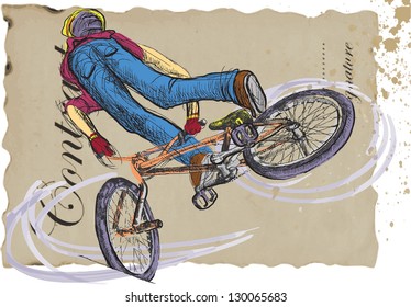 Young boy showing off freestyle trick with his bicycle. /// A hand drawn illustration converted into vector. Vector description: No more than 16 colors in each layer - editable in 7 layers.