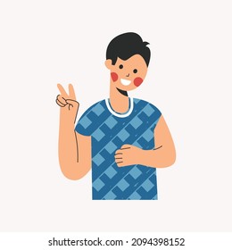 Young boy showing victory sign ok positive approval gesture. Cute toddler avatar. Little child saying peace. Portrait of smiling kid. Flat vector cartoon illustration isolated on white