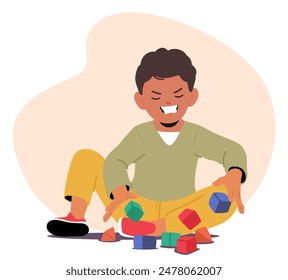 Young Boy Shows Frustration While Playing With Colorful Building Blocks. His Facial Expression And Scattered Toys Depict A Mix Of Play And Annoyance. Vector Concept Of Childhood, Emotions, Creativity