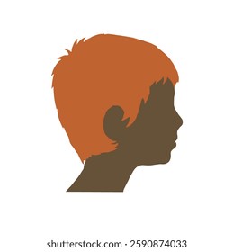 Young boy side view silhouette style portrait with brown hair, easy to recolor. 5-10 years old child profile picture.