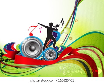 Young boy silhouette and musical notes with wave line background