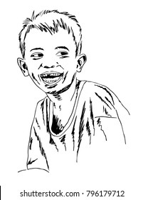 A young boy with simple shirt happily smiling