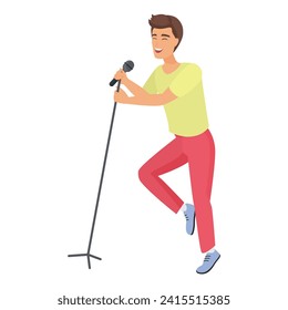 Young boy singer at karaoke. Man singing at karaoke party cartoon vector illustration