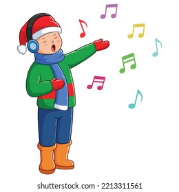  Young Boy Singing Christmas Carols. Vector Cartoon Illustration