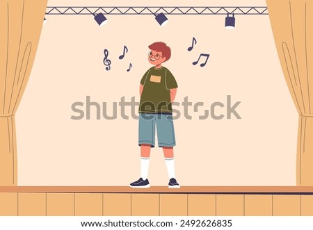 Young Boy Singing Solo On Stage During Choir Performance. Confident Child Performing Under Stage Lights