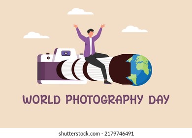 Young boy sit on long camera. World photo day concept. Flat vector illustration isolated.