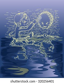 Young boy sit on the rock, touching smiling moon hand draw illuatration