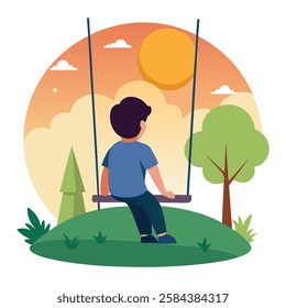 a young boy sits alone on a swing in a quiet park