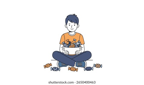 A young boy sits cross-legged holding a bowl of candy surrounded by individually wrapped candies on the floor